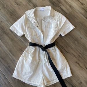 Superdown white jean jumpsuit